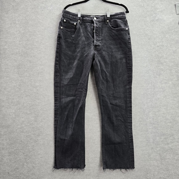 AGOLDE Women Jeans 32‎ Gray Denim Riley Raw Hem Straight Button Fly 25" Inseam - Picture 1 of 12
